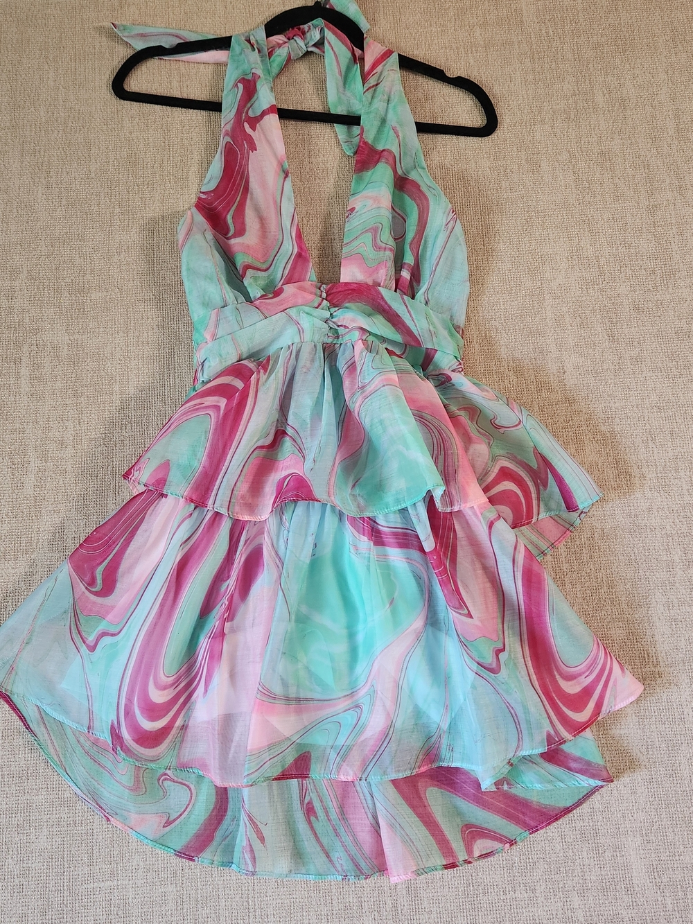 Olivaceous Mint & Pink Marble Halter Tiered Mini Dress